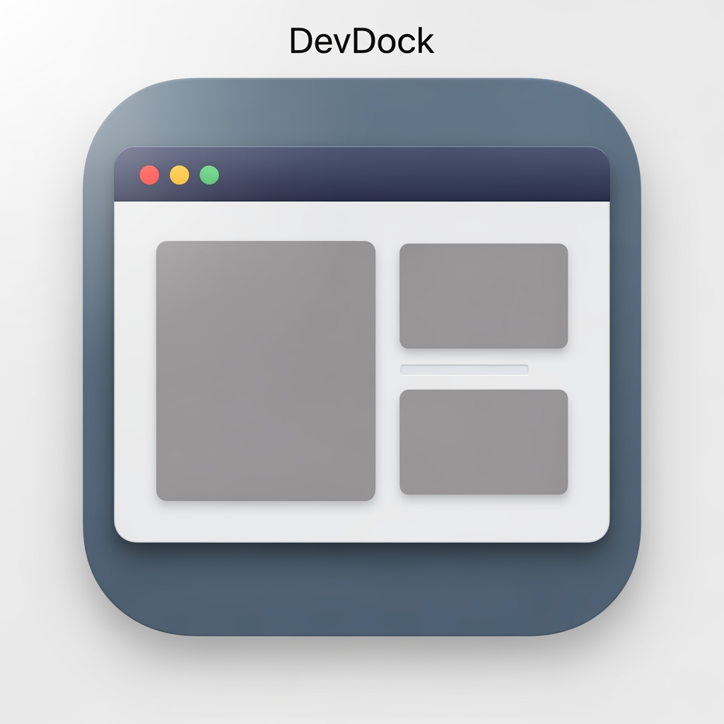 AI Design for # DevDock — Native macOS App Icon

Design a timeless, native macOS application icon for **DevDock**, a professional developer workspace built exclusively for macOS.

The icon should feel like it could have been designed by Apple's Human Interface Design team.

## Design Direction

This is **NOT** an AI application.

This is **NOT** a futuristic startup.

This is **NOT** a cyberpunk product.

This is **NOT** a glowing neon concept.

The icon should feel calm, professional, trustworthy, and native to macOS.

The overall impression should be:

* Native
* Clean
* Professional
* Minimal
* Functional
* Timeless
* macOS-first

Someone seeing the icon should immediately think:

> "This looks like a serious macOS developer application."

---

## Core Concept

Represent the idea of a **developer's workspace**.

The icon should revolve around a clean macOS-style application window or workspace.

Inside the workspace, subtly suggest organization and development through layout, panels, or editor-inspired structure.

Avoid making code symbols the hero.

The concept is **workspace**, not **coding**.

---

## Visual Language

Use visual inspiration from Apple's own macOS applications.

Rounded-square app icon.

Balanced composition.

Simple geometry.

Subtle depth.

Soft shadows.

Natural lighting.

No exaggerated effects.

No glossy plastic look.

No excessive gradients.

No glassmorphism.

No holographic effects.

---

## Color Palette

Use restrained macOS-inspired colors.

Examples:

* Slate Blue
* Deep Gray
* Soft Blue
* Graphite
* White
* Muted Navy

Use only one subtle accent color if needed.

The icon should look equally comfortable in Light Mode and Dark Mode.

Avoid:

* Neon colors
* Rainbow gradients
* Bright purple
* Electric cyan
* Oversaturated blues
* Metallic chrome effects

---

## Materials

Use materials similar to Apple's system icons.

Soft matte surfaces.

Subtle layered depth.

Clean edges.

No excessive reflections.

No glowing outlines.

---

## Do NOT Include

* AI sparkles
* Robot heads
* Chat bubbles
* Circuit boards
* Brain graphics
* Futuristic interfaces
* Sci-fi lighting
* Giant </> symbols
* Terminal windows as the primary focus
* Letter D
* Text
* Logos
* Watermarks

---

## Personality

The icon should communicate:

* Developer workspace
* Organization
* Productivity
* Focus
* Reliability
* macOS craftsmanship

It should feel like software that developers will use every day for years.

---

## Inspiration

Take inspiration from the design philosophy of:

* Xcode
* Console
* Finder
* Activity Monitor
* Script Editor
* TextEdit
* Shortcuts

Match their level of restraint, simplicity, and timelessness—without copying any existing icon.

---

## Final Goal

Create a premium, understated macOS application icon that perfectly matches a native SwiftUI desktop application.

The icon should never feel trendy or futuristic.

It should feel like it naturally belongs in the macOS Dock and remain visually relevant for many years.
