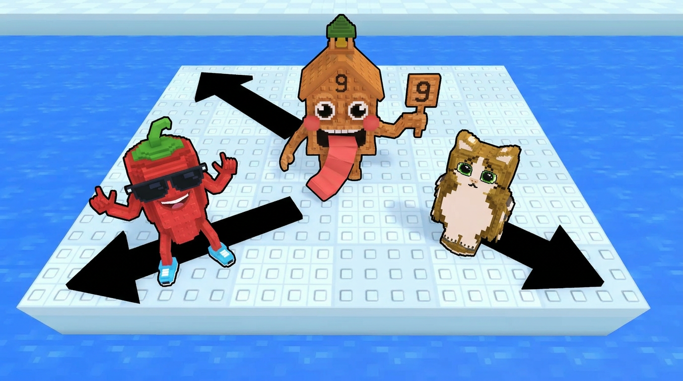 AI Design for replace the penguins with these three characters, completely replace the penguins dont leave remnants of their visuals behind ensure that the arrows are facing unique positions ensure the brainrots are visually facing the position the arrow is facing