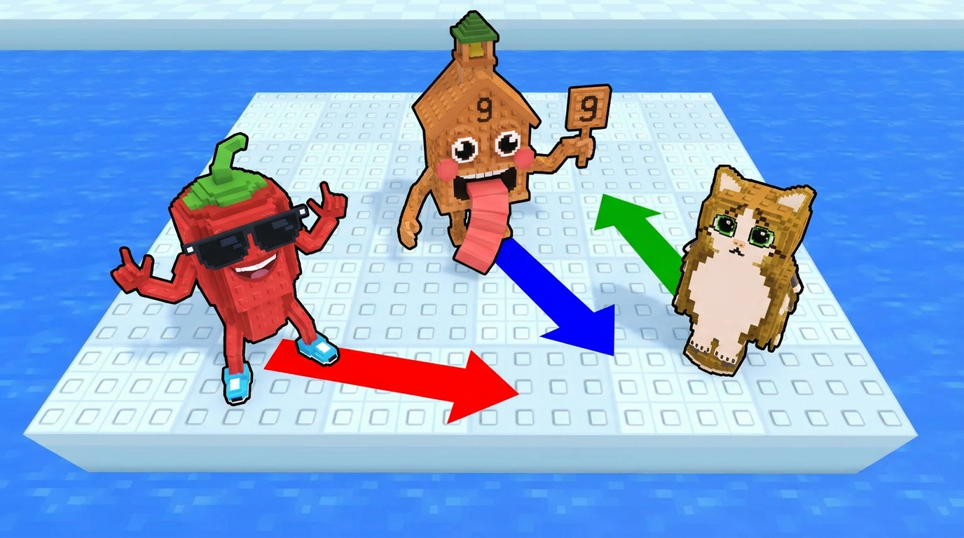 AI Design for replace the penguins with these three characters, completely replace the penguins dont leave remnants of their visuals behind ensure that the arrows are facing unique positions ensure the brainrots are visually facing the position the arrow is facing