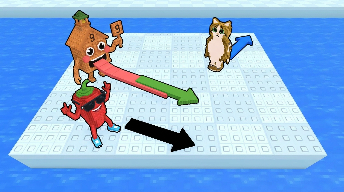 AI Design for replace the penguins with these three characters, completely replace the penguins dont leave remnants of their visuals behind ensure that the arrows are facing unique positions ensure the brainrots are visually facing the position the arrow is facing