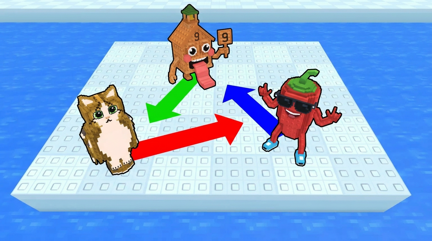 AI Design for replace the penguins with these three characters, completely replace the penguins dont leave remnants of their visuals behind ensure that the arrows are facing unique positions ensure the brainrots are visually facing the position the arrow is facing