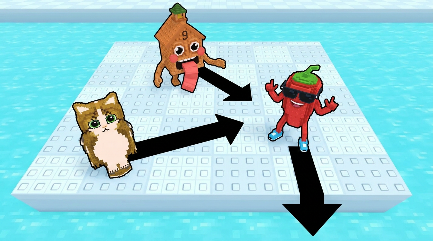 AI Design for replace the penguins with these three characters ensure that all arrows have the color black and change this to the water texture dont distort the water visuals completely replace the penguins dont leave remnents of their visuals behind