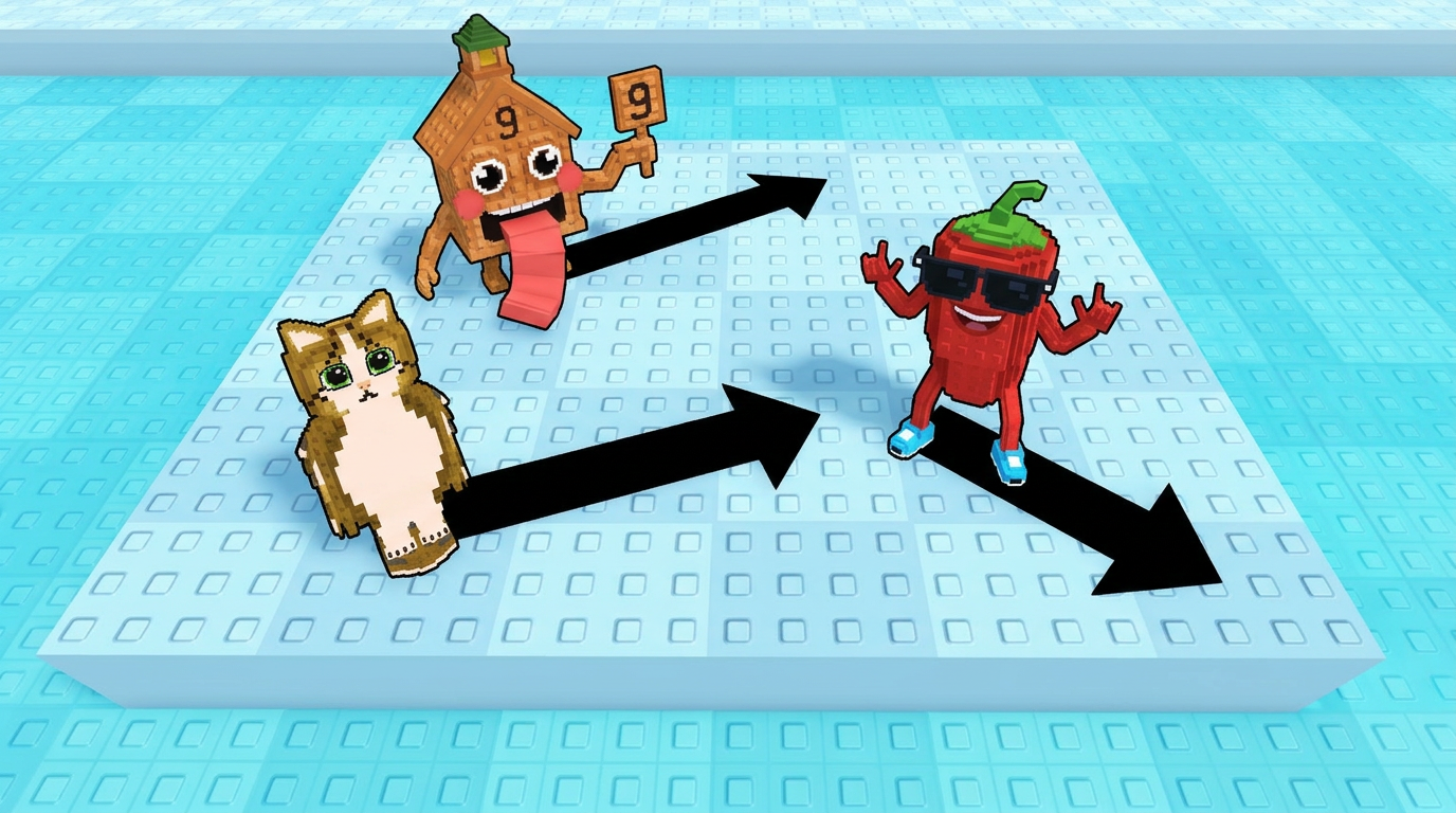 AI Design for replace the penguins with these three characters ensure that all arrows have the color black and change this to the water texture dont distort the water visuals completely replace the penguins dont leave remnents of their visuals behind ensure that the arrows are facing unique positions