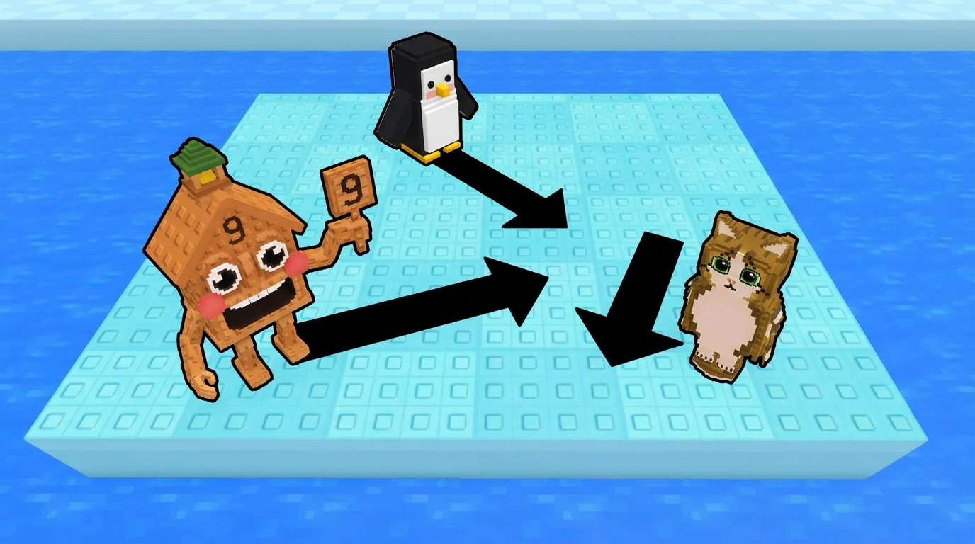 AI Design for replace the penguins with these three characters ensure that all arrows have the color black and change this to the water texture dont distort the water visuals completely replace the penguins dont leave remnents of their visuals behind ensure that the arrows are facing unique positions