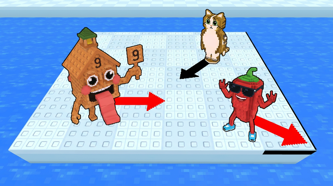 AI Design for replace the penguins with these three characters, completely replace the penguins dont leave remnants of their visuals behind ensure that the arrows are facing unique positions ensure the brainrots are visually facing the position the arrow is facing