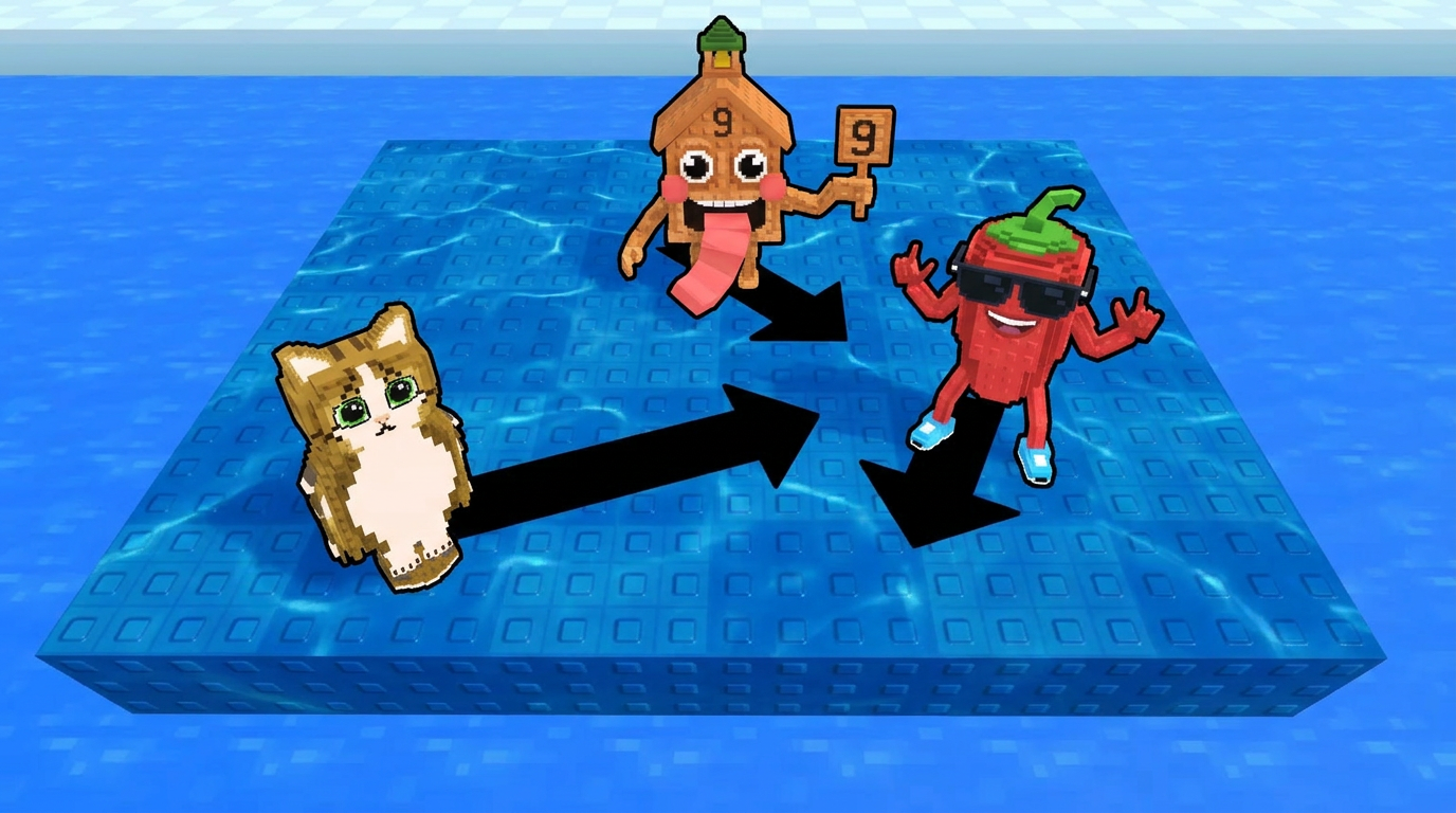 AI Design for replace the penguins with these three characters ensure that all arrows have the color black and change this to the water texture dont distort the water visuals completely replace the penguins dont leave remnents of their visuals behind
