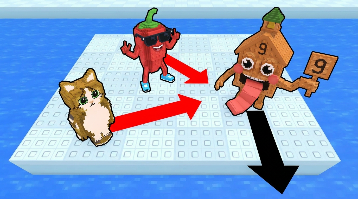 AI Design for replace the penguins with these three characters, completely replace the penguins dont leave remnants of their visuals behind ensure that the arrows are facing unique positions ensure the brainrots are visually facing the position the arrow is facing