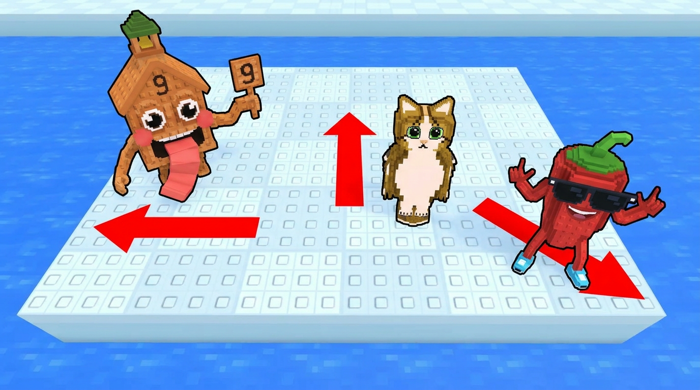 AI Design for replace the penguins with these three characters, completely replace the penguins dont leave remnants of their visuals behind ensure that the arrows are facing unique positions ensure the brainrots are visually facing the position the arrow is facing