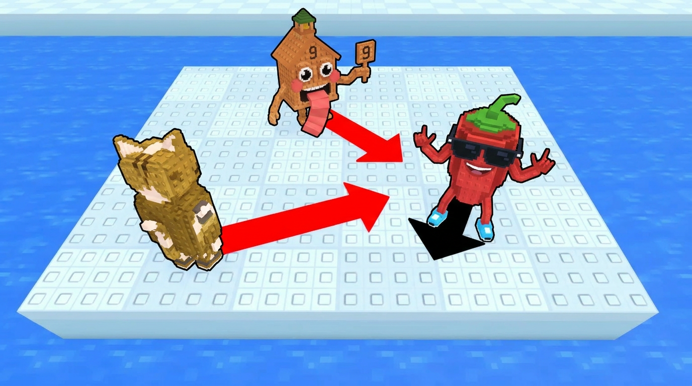 AI Design for replace the penguins with these three characters, completely replace the penguins dont leave remnants of their visuals behind ensure that the arrows are facing unique positions ensure the brainrots are visually facing the position the arrow is facing