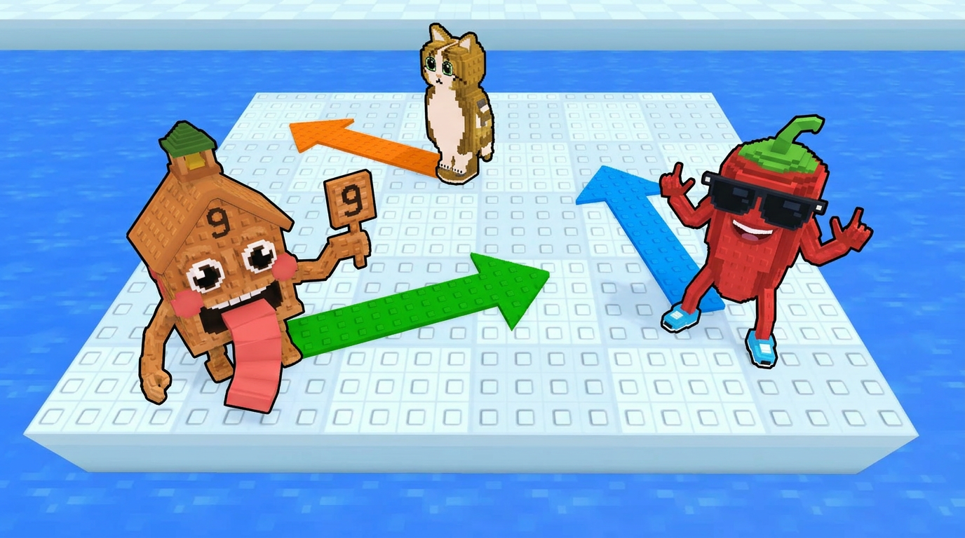 AI Design for replace the penguins with these three characters, completely replace the penguins dont leave remnants of their visuals behind ensure that the arrows are facing unique positions ensure the brainrots are visually facing the position the arrow is facing