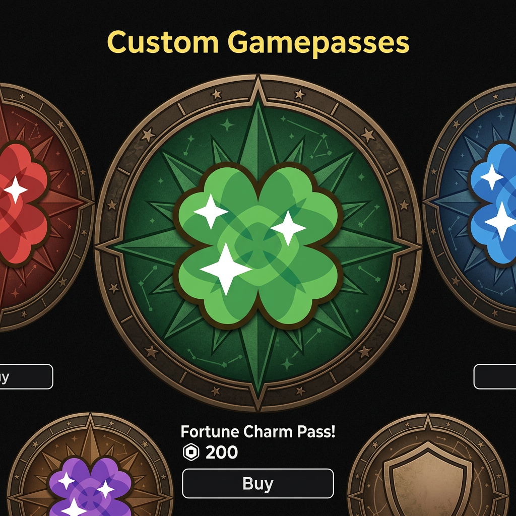 Create a custom circular-themed background for this Roblox gamepass icon. Do not change the icon itself in any way. The background should be simple, cartoonish, and modular so the same overall theme can be reused across other gamepasses, regardless of their color or shape. Make the background feel custom and visually connected as part of a shared gamepass set, with a consistent theme that can span across all gamepasses. Avoid making it feel generic, boring, or bland. use these sets as examples of clear themes across all gamepasses: