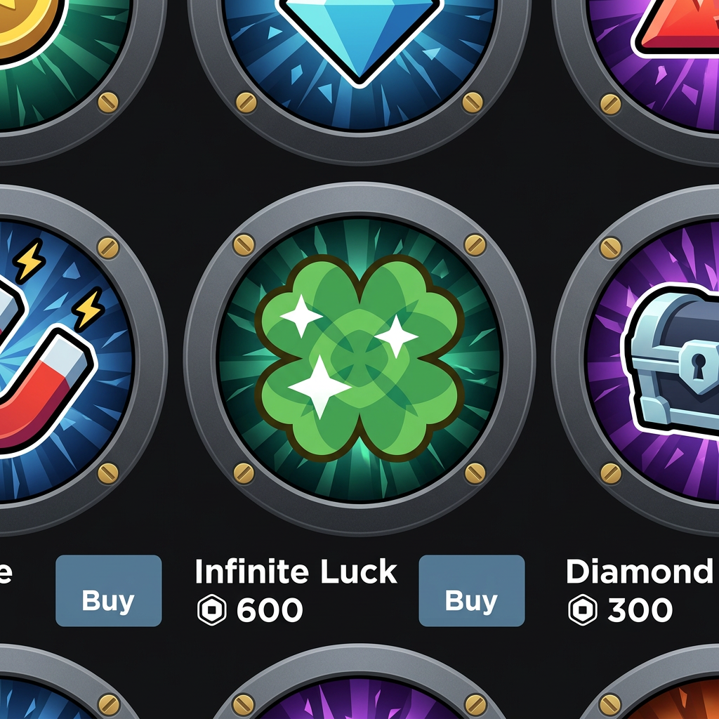 Create a custom circular-themed background for this Roblox gamepass icon. Do not change the icon itself in any way. The background should be simple, cartoonish, and modular so the same overall theme can be reused across other gamepasses, regardless of their color or shape. Make the background feel custom and visually connected as part of a shared gamepass set, with a consistent theme that can span across all gamepasses. Avoid making it feel generic, boring, or bland. use these sets as examples of clear themes across all gamepasses: