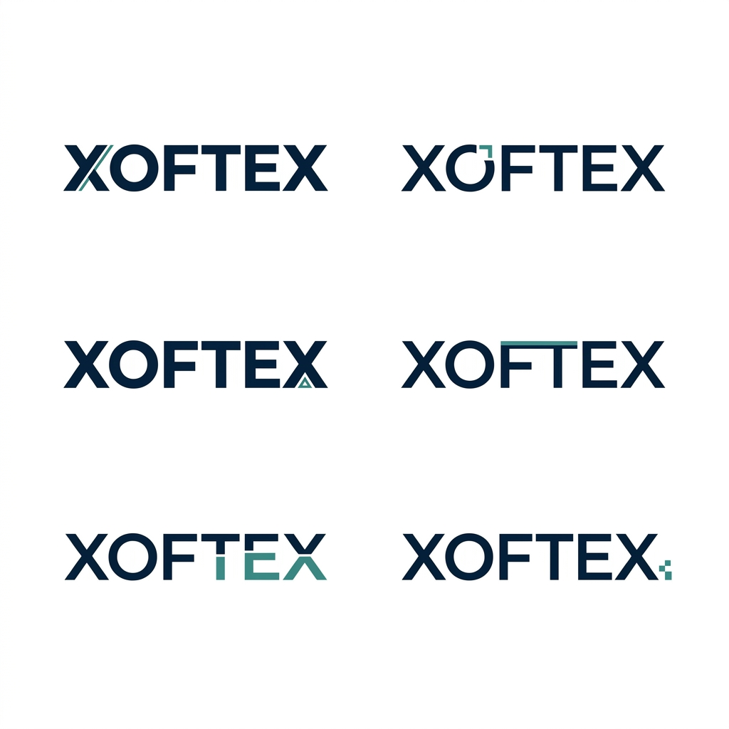 AI Design for Design a serious, premium corporate identity for XOFTEX, a US-based enterprise technology and software company.

Do NOT create an AI logo, robot, brain, circuit board, cloud, globe, neural network, coding brackets, futuristic symbol, 3D icon, or complicated tech graphic.

The logo should feel like an established global technology corporation rather than a startup.

Focus on a strong, confident wordmark: XOFTEX.

Explore extremely subtle custom typography:

one geometric cut in a letter
a refined modification to the O
a clever connection between two letterforms
a small negative-space detail
a subtle offset or split in one letter
one tiny geometric signature that could later become a favicon

The modification must be so simple that the logo still looks professional and corporate at first glance.

Typography should be:
clean, geometric, sophisticated, slightly bold, excellent kerning, balanced proportions, highly legible, timeless.

Visual references in spirit: Stripe, Palantir, IBM, Intel, Accenture, Adobe, Linear and other mature technology brands — but DO NOT copy any existing logo.

Use black / deep navy with one restrained teal accent.

Show only clean vector logo presentations on a plain white background.

Create 6 genuinely different XOFTEX wordmark directions on one presentation sheet. Each direction should look like it could become a real corporate identity.

No mockups.
No business cards.
No websites.
No gradients.
No shadows.
No 3D.
No decorative background.
No unnecessary explanation.

The result should make someone think:

“This is a serious technology company.”

not

“This is an AI-generated tech logo.”