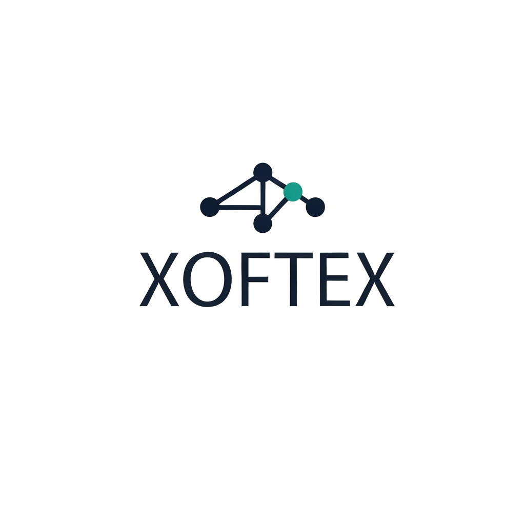 AI Design for Create a premium minimalist logo for a technology company named XOFTEX. Design a very small, distinctive abstract tech symbol representing intelligence, connected data, software and automation. Use only 3–5 perfectly placed circular nodes connected with extremely clean geometric lines, forming a subtle unique symbol rather than a literal network or circuit board. The icon must feel sophisticated, modern and highly memorable, suitable for a serious AI/software technology company. Pair the symbol with a clean custom geometric sans-serif wordmark XOFTEX. Use deep navy and a single subtle teal accent. Flat vector design, solid colors, no gradients, no 3D, no shadows, no mockup, no unnecessary details, white background, professional corporate identity, highly scalable, perfect at favicon size.