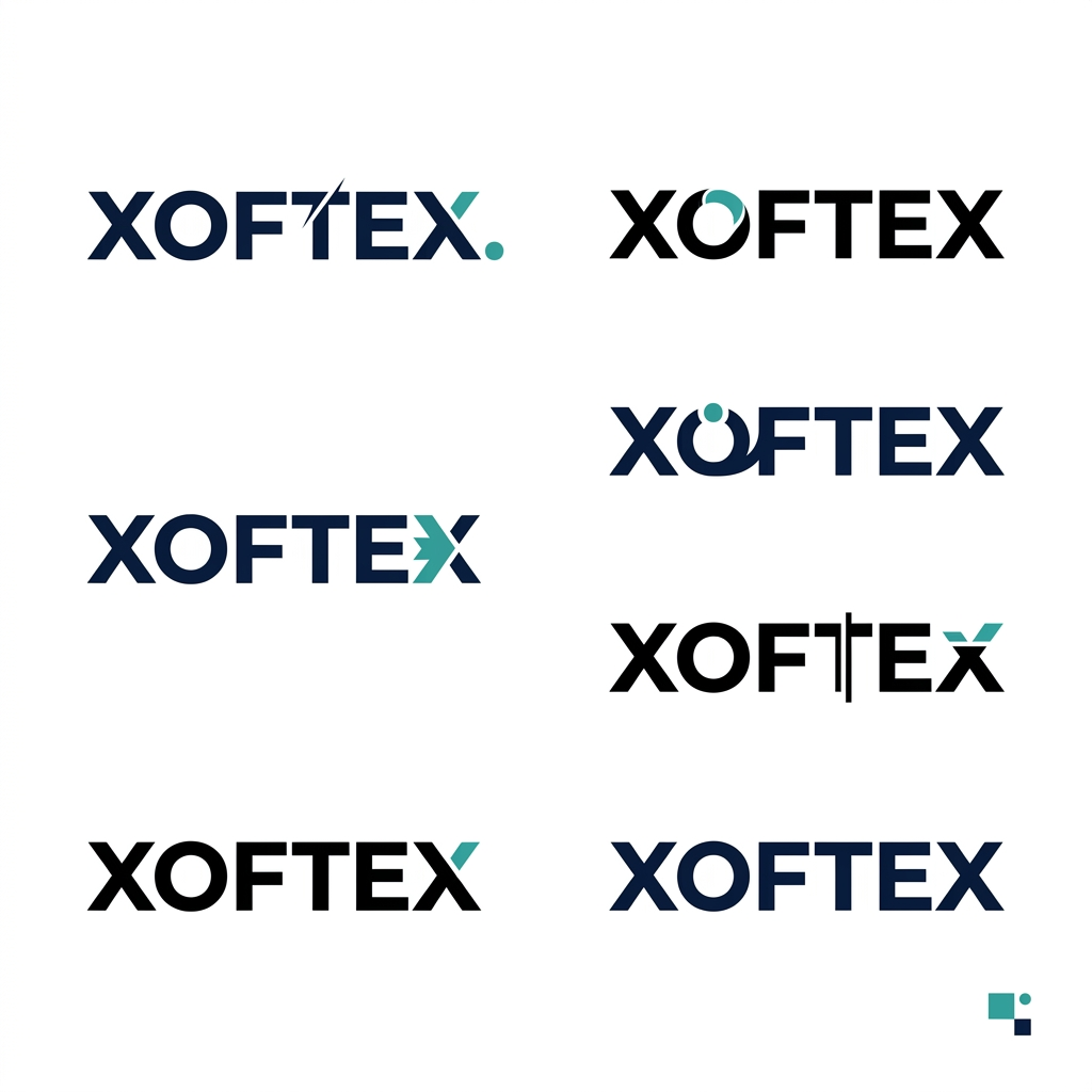 AI Design for Design a serious, premium corporate identity for XOFTEX, a US-based enterprise technology and software company.

Do NOT create an AI logo, robot, brain, circuit board, cloud, globe, neural network, coding brackets, futuristic symbol, 3D icon, or complicated tech graphic.

The logo should feel like an established global technology corporation rather than a startup.

Focus on a strong, confident wordmark: XOFTEX.

Explore extremely subtle custom typography:

one geometric cut in a letter
a refined modification to the O
a clever connection between two letterforms
a small negative-space detail
a subtle offset or split in one letter
one tiny geometric signature that could later become a favicon

The modification must be so simple that the logo still looks professional and corporate at first glance.

Typography should be:
clean, geometric, sophisticated, slightly bold, excellent kerning, balanced proportions, highly legible, timeless.

Visual references in spirit: Stripe, Palantir, IBM, Intel, Accenture, Adobe, Linear and other mature technology brands — but DO NOT copy any existing logo.

Use black / deep navy with one restrained teal accent.

Show only clean vector logo presentations on a plain white background.

Create 6 genuinely different XOFTEX wordmark directions on one presentation sheet. Each direction should look like it could become a real corporate identity.

No mockups.
No business cards.
No websites.
No gradients.
No shadows.
No 3D.
No decorative background.
No unnecessary explanation.

The result should make someone think:

“This is a serious technology company.”

not

“This is an AI-generated tech logo.”