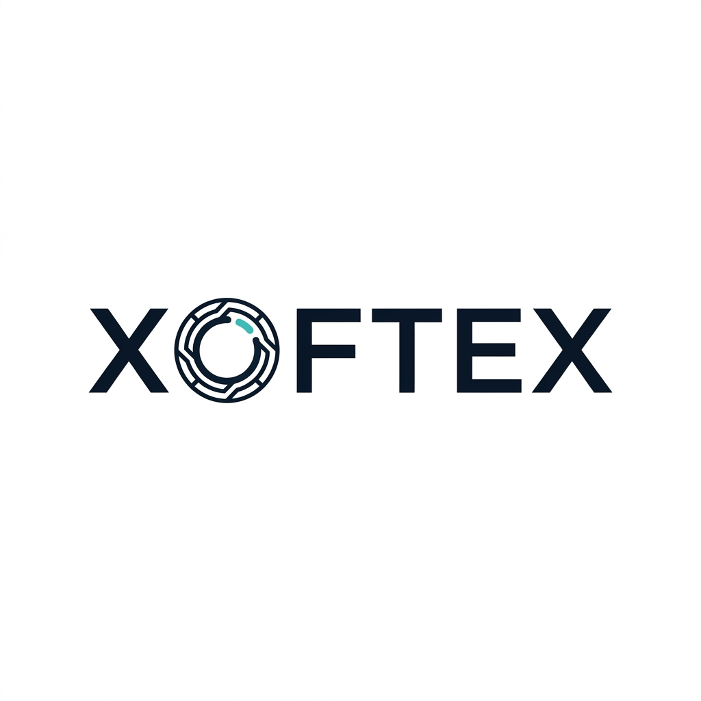 AI Design for Create a minimal corporate wordmark for XOFTEX. The entire logo should be typography-based. Design a clean geometric XOFTEX wordmark with a uniquely customized O that subtly resembles a digital core or technological ring. The O should remain immediately readable as the letter O. Very small and elegant modification, strong negative space, balanced proportions, sophisticated enterprise software aesthetic. Deep navy/black with a single subtle turquoise accent. White background. Flat vector, no separate large icon, no futuristic gimmicks, no gradients, no 3D.