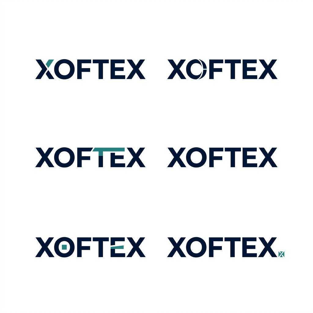 AI Design for Design a serious, premium corporate identity for XOFTEX, a US-based enterprise technology and software company.

Do NOT create an AI logo, robot, brain, circuit board, cloud, globe, neural network, coding brackets, futuristic symbol, 3D icon, or complicated tech graphic.

The logo should feel like an established global technology corporation rather than a startup.

Focus on a strong, confident wordmark: XOFTEX.

Explore extremely subtle custom typography:

one geometric cut in a letter
a refined modification to the O
a clever connection between two letterforms
a small negative-space detail
a subtle offset or split in one letter
one tiny geometric signature that could later become a favicon

The modification must be so simple that the logo still looks professional and corporate at first glance.

Typography should be:
clean, geometric, sophisticated, slightly bold, excellent kerning, balanced proportions, highly legible, timeless.

Visual references in spirit: Stripe, Palantir, IBM, Intel, Accenture, Adobe, Linear and other mature technology brands — but DO NOT copy any existing logo.

Use black / deep navy with one restrained teal accent.

Show only clean vector logo presentations on a plain white background.

Create 6 genuinely different XOFTEX wordmark directions on one presentation sheet. Each direction should look like it could become a real corporate identity.

No mockups.
No business cards.
No websites.
No gradients.
No shadows.
No 3D.
No decorative background.
No unnecessary explanation.

The result should make someone think:

“This is a serious technology company.”

not

“This is an AI-generated tech logo.”