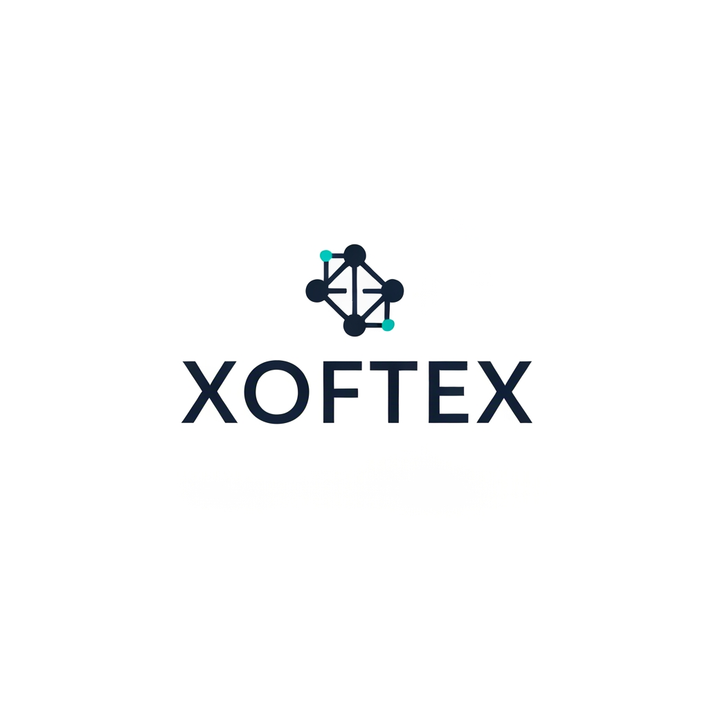 AI Design for Create a premium minimalist logo for a technology company named XOFTEX. Design a very small, distinctive abstract tech symbol representing intelligence, connected data, software and automation. Use only 3–5 perfectly placed circular nodes connected with extremely clean geometric lines, forming a subtle unique symbol rather than a literal network or circuit board. The icon must feel sophisticated, modern and highly memorable, suitable for a serious AI/software technology company. Pair the symbol with a clean custom geometric sans-serif wordmark XOFTEX. Use deep navy and a single subtle teal accent. Flat vector design, solid colors, no gradients, no 3D, no shadows, no mockup, no unnecessary details, white background, professional corporate identity, highly scalable, perfect at favicon size.