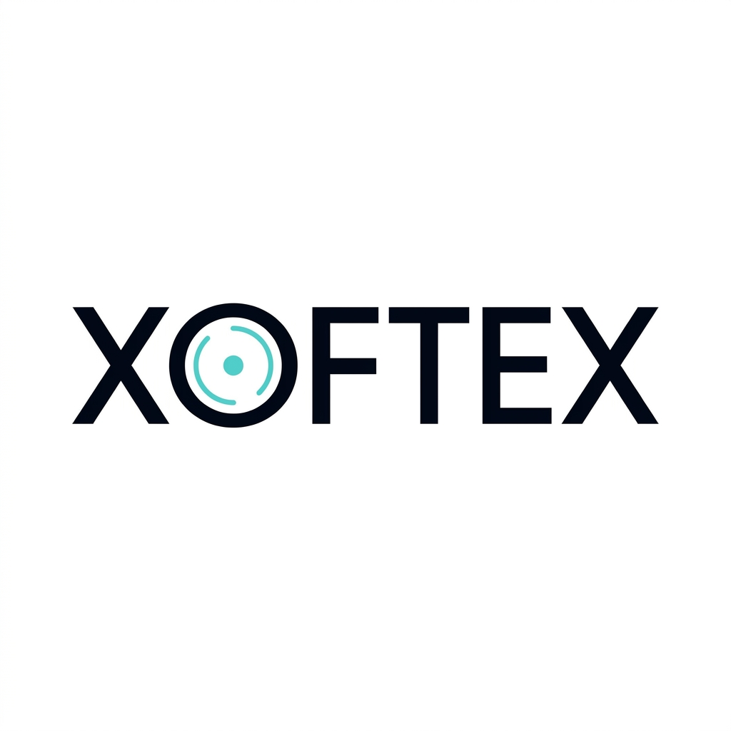AI Design for Create a minimal corporate wordmark for XOFTEX. The entire logo should be typography-based. Design a clean geometric XOFTEX wordmark with a uniquely customized O that subtly resembles a digital core or technological ring. The O should remain immediately readable as the letter O. Very small and elegant modification, strong negative space, balanced proportions, sophisticated enterprise software aesthetic. Deep navy/black with a single subtle turquoise accent. White background. Flat vector, no separate large icon, no futuristic gimmicks, no gradients, no 3D.