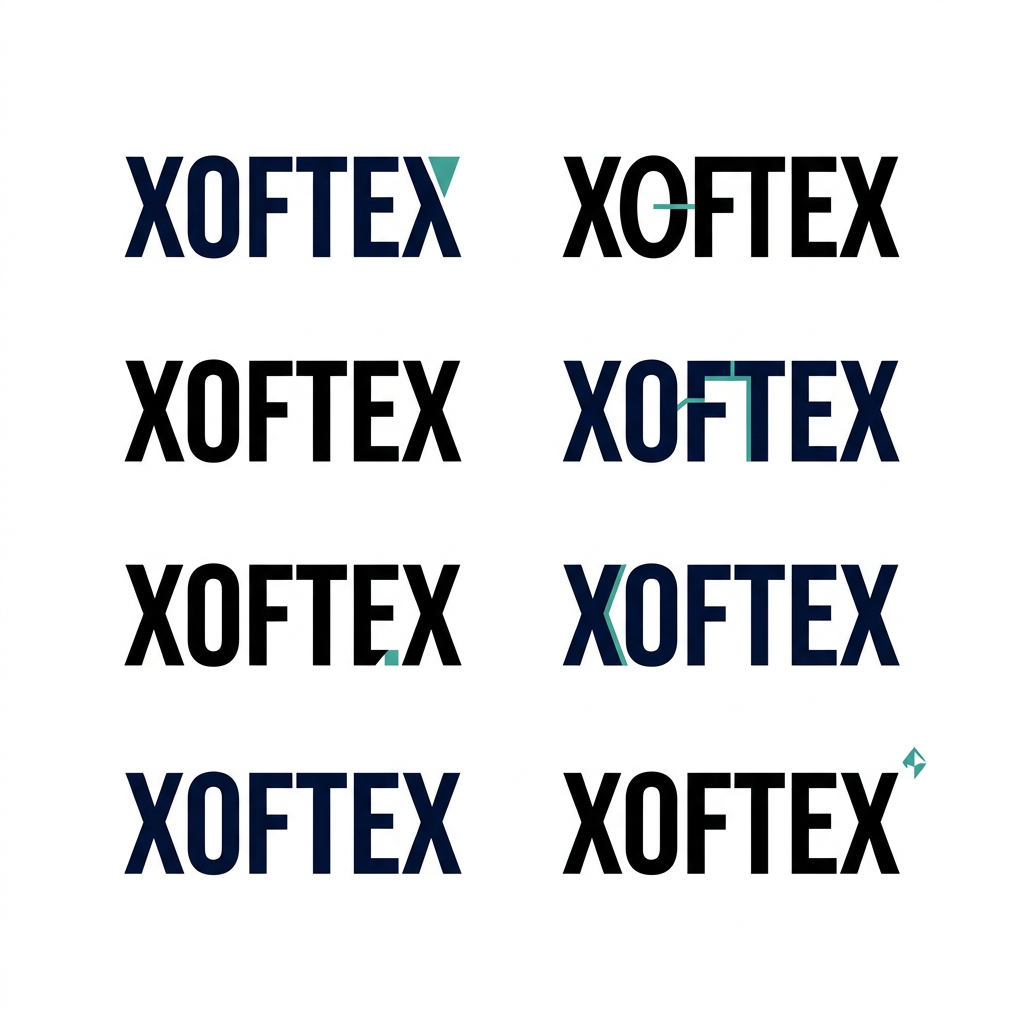 AI Design for Design a serious, premium corporate identity for XOFTEX, a US-based enterprise technology and software company.

Do NOT create an AI logo, robot, brain, circuit board, cloud, globe, neural network, coding brackets, futuristic symbol, 3D icon, or complicated tech graphic.

The logo should feel like an established global technology corporation rather than a startup.

Focus on a strong, confident wordmark: XOFTEX.

Explore extremely subtle custom typography:

one geometric cut in a letter
a refined modification to the O
a clever connection between two letterforms
a small negative-space detail
a subtle offset or split in one letter
one tiny geometric signature that could later become a favicon

The modification must be so simple that the logo still looks professional and corporate at first glance.

Typography should be:
clean, geometric, sophisticated, slightly bold, excellent kerning, balanced proportions, highly legible, timeless.

Visual references in spirit: Stripe, Palantir, IBM, Intel, Accenture, Adobe, Linear and other mature technology brands — but DO NOT copy any existing logo.

Use black / deep navy with one restrained teal accent.

Show only clean vector logo presentations on a plain white background.

Create 6 genuinely different XOFTEX wordmark directions on one presentation sheet. Each direction should look like it could become a real corporate identity.

No mockups.
No business cards.
No websites.
No gradients.
No shadows.
No 3D.
No decorative background.
No unnecessary explanation.

The result should make someone think:

“This is a serious technology company.”

not

“This is an AI-generated tech logo.”