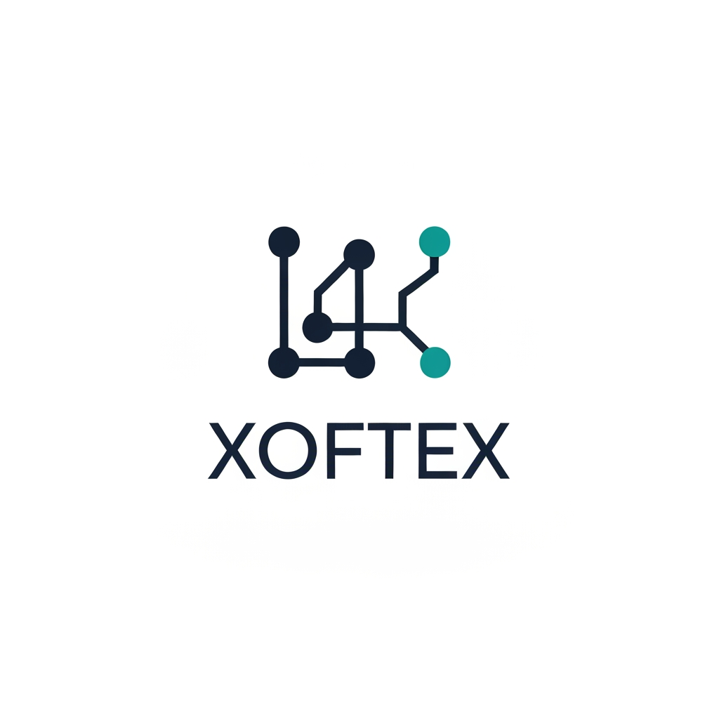 AI Design for Create a premium minimalist logo for a technology company named XOFTEX. Design a very small, distinctive abstract tech symbol representing intelligence, connected data, software and automation. Use only 3–5 perfectly placed circular nodes connected with extremely clean geometric lines, forming a subtle unique symbol rather than a literal network or circuit board. The icon must feel sophisticated, modern and highly memorable, suitable for a serious AI/software technology company. Pair the symbol with a clean custom geometric sans-serif wordmark XOFTEX. Use deep navy and a single subtle teal accent. Flat vector design, solid colors, no gradients, no 3D, no shadows, no mockup, no unnecessary details, white background, professional corporate identity, highly scalable, perfect at favicon size.