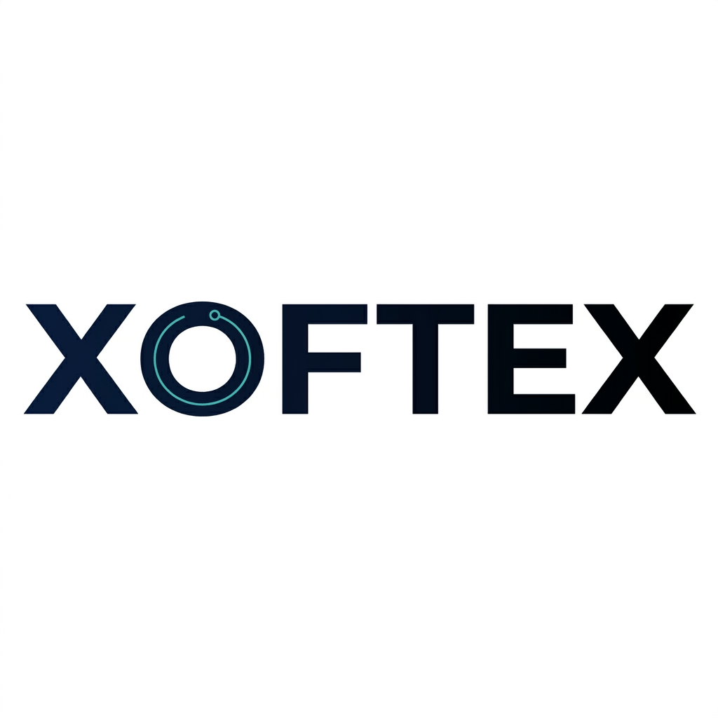 AI Design for Create a minimal corporate wordmark for XOFTEX. The entire logo should be typography-based. Design a clean geometric XOFTEX wordmark with a uniquely customized O that subtly resembles a digital core or technological ring. The O should remain immediately readable as the letter O. Very small and elegant modification, strong negative space, balanced proportions, sophisticated enterprise software aesthetic. Deep navy/black with a single subtle turquoise accent. White background. Flat vector, no separate large icon, no futuristic gimmicks, no gradients, no 3D.