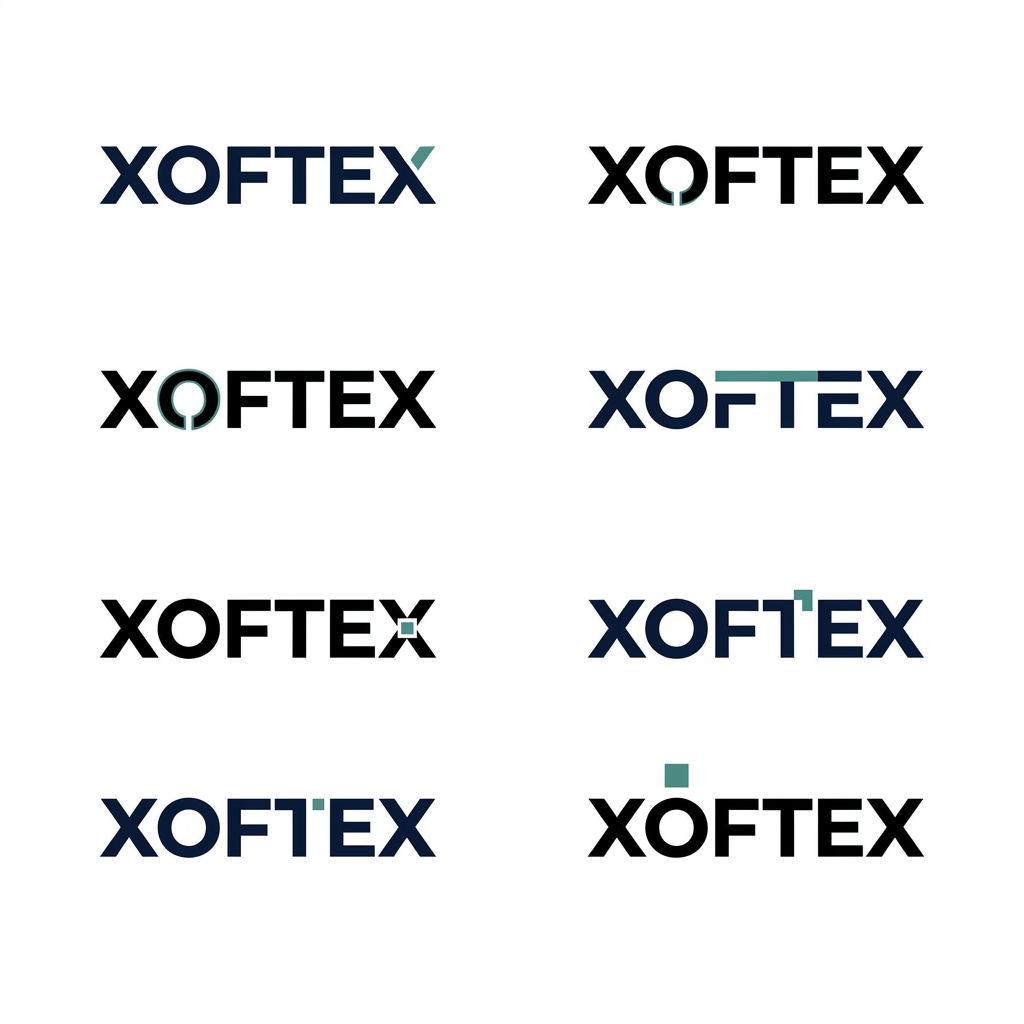 AI Design for Design a serious, premium corporate identity for XOFTEX, a US-based enterprise technology and software company.

Do NOT create an AI logo, robot, brain, circuit board, cloud, globe, neural network, coding brackets, futuristic symbol, 3D icon, or complicated tech graphic.

The logo should feel like an established global technology corporation rather than a startup.

Focus on a strong, confident wordmark: XOFTEX.

Explore extremely subtle custom typography:

one geometric cut in a letter
a refined modification to the O
a clever connection between two letterforms
a small negative-space detail
a subtle offset or split in one letter
one tiny geometric signature that could later become a favicon

The modification must be so simple that the logo still looks professional and corporate at first glance.

Typography should be:
clean, geometric, sophisticated, slightly bold, excellent kerning, balanced proportions, highly legible, timeless.

Visual references in spirit: Stripe, Palantir, IBM, Intel, Accenture, Adobe, Linear and other mature technology brands — but DO NOT copy any existing logo.

Use black / deep navy with one restrained teal accent.

Show only clean vector logo presentations on a plain white background.

Create 6 genuinely different XOFTEX wordmark directions on one presentation sheet. Each direction should look like it could become a real corporate identity.

No mockups.
No business cards.
No websites.
No gradients.
No shadows.
No 3D.
No decorative background.
No unnecessary explanation.

The result should make someone think:

“This is a serious technology company.”

not

“This is an AI-generated tech logo.”