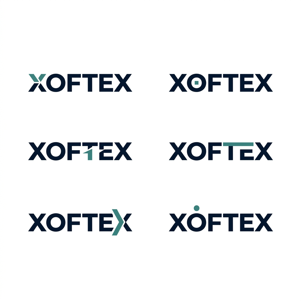 AI Design for Design a serious, premium corporate identity for XOFTEX, a US-based enterprise technology and software company.

Do NOT create an AI logo, robot, brain, circuit board, cloud, globe, neural network, coding brackets, futuristic symbol, 3D icon, or complicated tech graphic.

The logo should feel like an established global technology corporation rather than a startup.

Focus on a strong, confident wordmark: XOFTEX.

Explore extremely subtle custom typography:

one geometric cut in a letter
a refined modification to the O
a clever connection between two letterforms
a small negative-space detail
a subtle offset or split in one letter
one tiny geometric signature that could later become a favicon

The modification must be so simple that the logo still looks professional and corporate at first glance.

Typography should be:
clean, geometric, sophisticated, slightly bold, excellent kerning, balanced proportions, highly legible, timeless.

Visual references in spirit: Stripe, Palantir, IBM, Intel, Accenture, Adobe, Linear and other mature technology brands — but DO NOT copy any existing logo.

Use black / deep navy with one restrained teal accent.

Show only clean vector logo presentations on a plain white background.

Create 6 genuinely different XOFTEX wordmark directions on one presentation sheet. Each direction should look like it could become a real corporate identity.

No mockups.
No business cards.
No websites.
No gradients.
No shadows.
No 3D.
No decorative background.
No unnecessary explanation.

The result should make someone think:

“This is a serious technology company.”

not

“This is an AI-generated tech logo.”