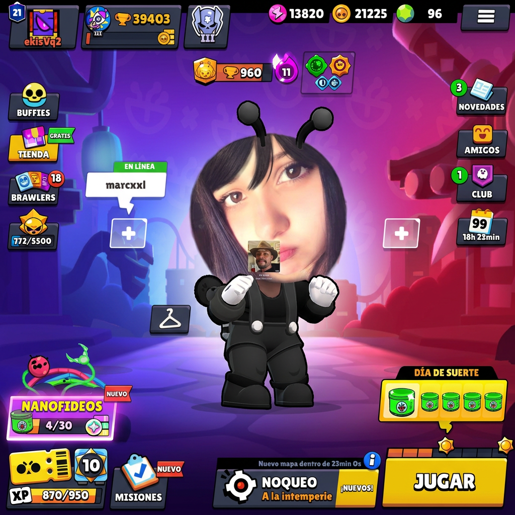 AI Design for cambia la cabeza del personaje de la imagen 1, por la cabeza de la chica de la imagen 2. No quiero que cambies nada de la chica, solo que pongas la cabeza y ya. Tipo, solo pon la cabeza de la foto 2, en la foto 1 pero que sea coherente con la cabeza del personaje de brawl starw