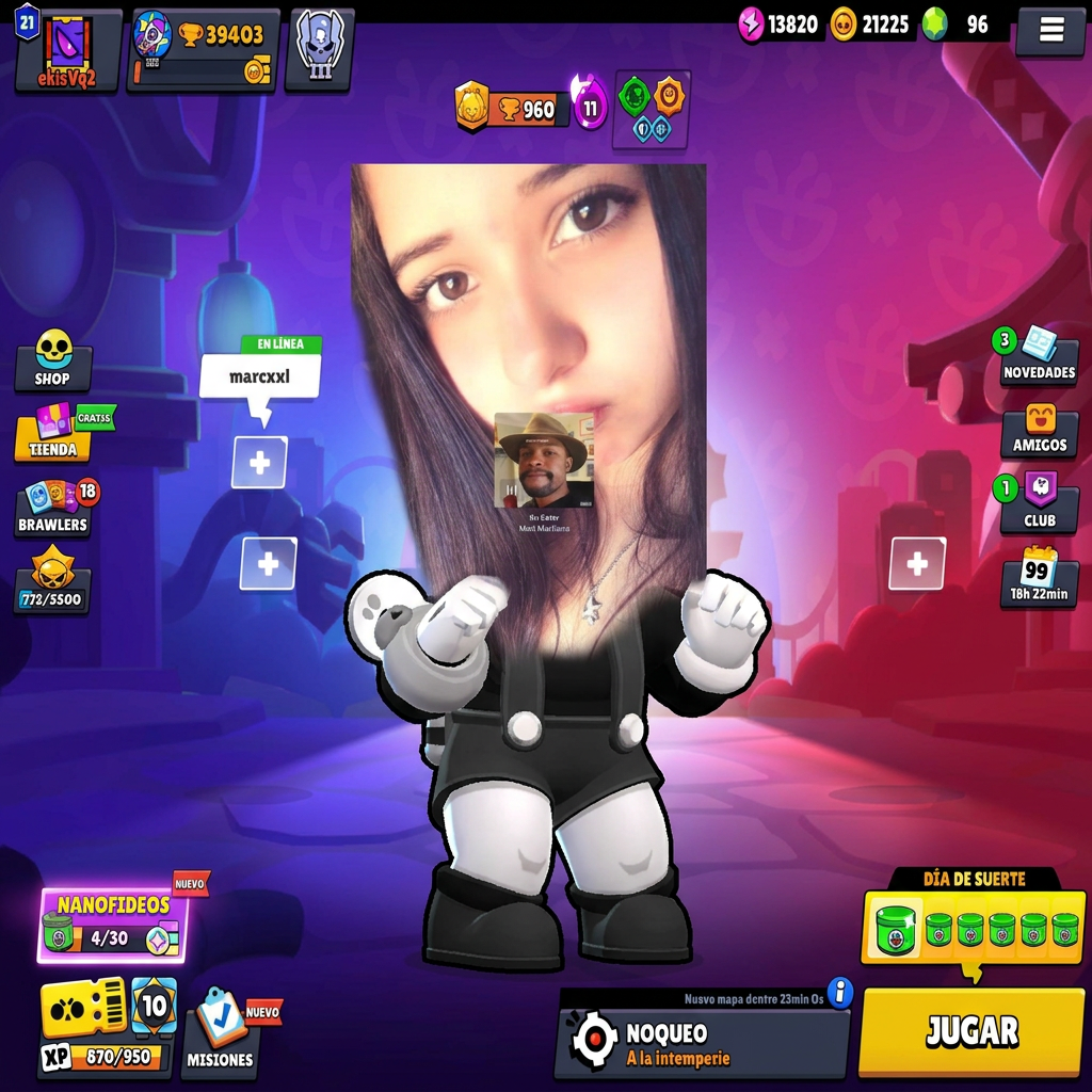 AI Design for Quiero que el personaje de brawl stars bea de la imagen 1, le quites la cabeza y pongas la cabeza de la chica de la imagen 2. No quiero que cambies NADA de la chica de la imagen 2, ni la cara ni nada, solo que agarres su cabeza y se la pongas al brawler