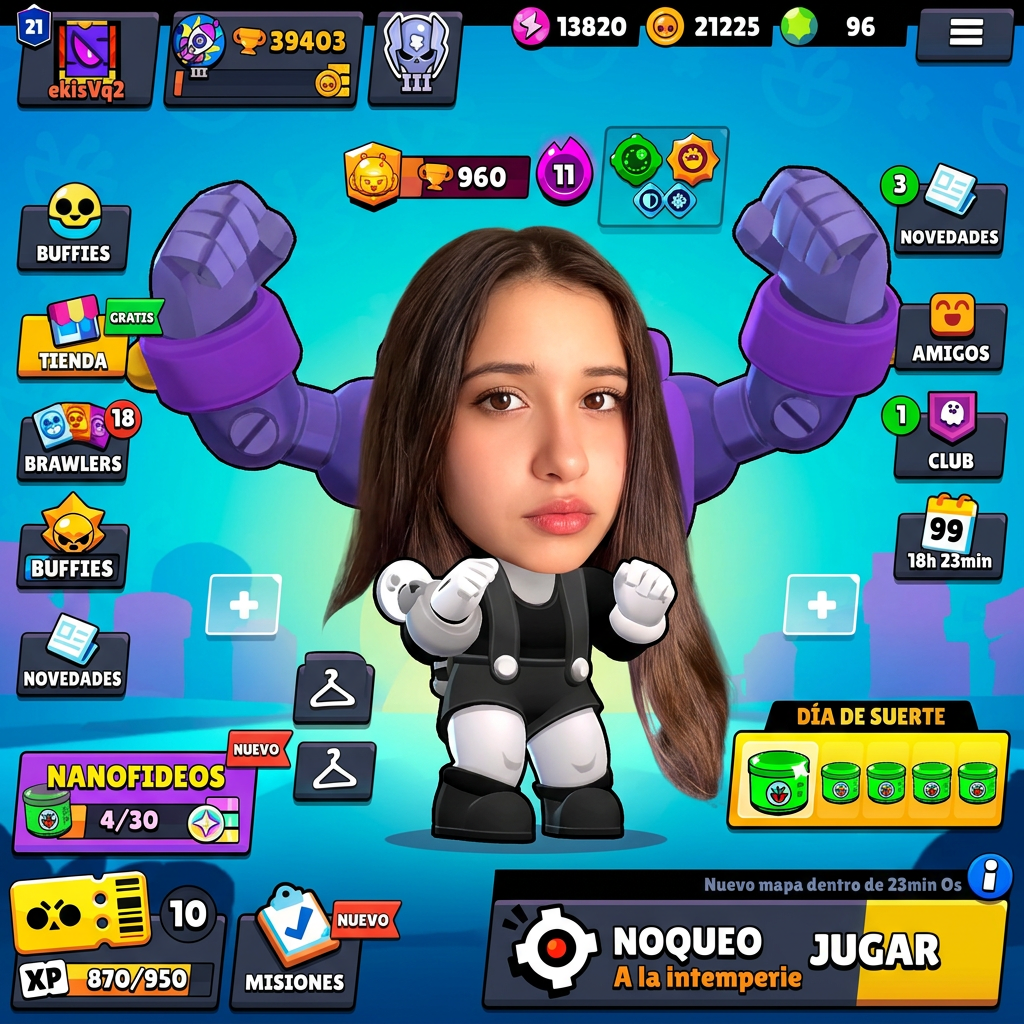 AI Design for cambia la cabeza del personaje de la imagen 1, por la cabeza de la chica de la imagen 2. No quiero que cambies nada de la chica, solo que pongas la cabeza y ya