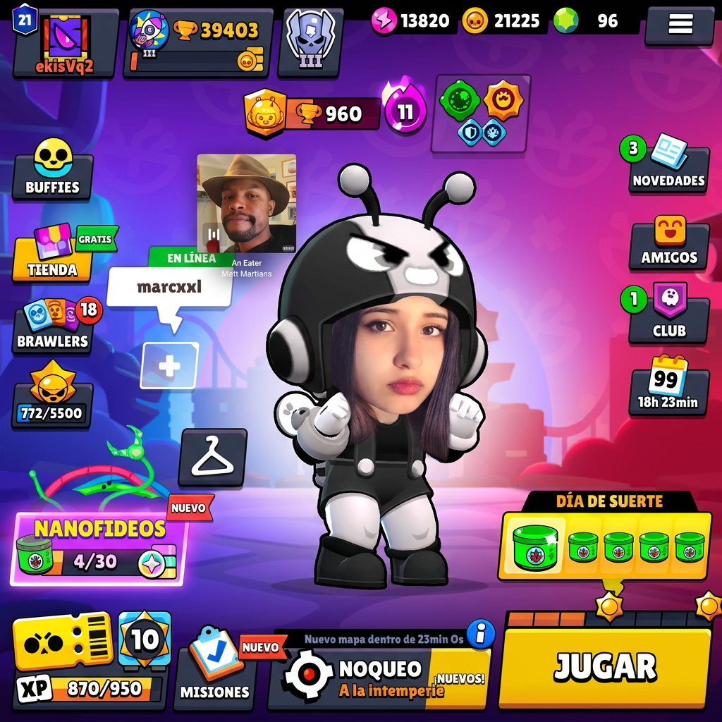 AI Design for Quiero que el personaje de brawl stars bea de la imagen 1, le quites la cabeza y pongas la cabeza de la chica de la imagen 2. No quiero que cambies NADA de la chica de la imagen 2, ni la cara ni nada, solo que agarres su cabeza y se la pongas al brawler pero que sea coherente con las dimensiones del brawler, vamos, que la cabeza no sea excesivamente grande