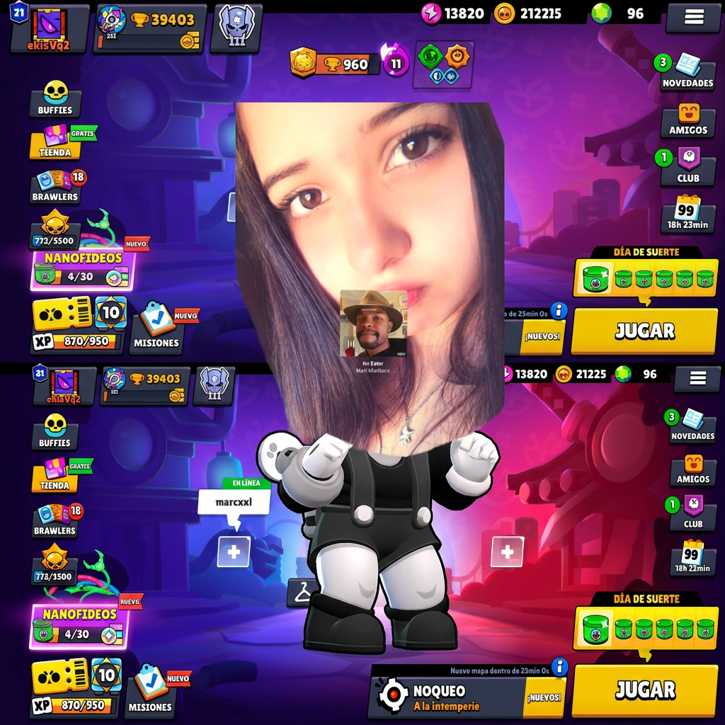AI Design for cambia la cabeza del personaje de la imagen 1, por la cabeza de la chica de la imagen 2. No quiero que cambies nada de la chica, solo que pongas la cabeza y ya. Tipo, solo pon la cabeza de la foto 2, en la foto 1