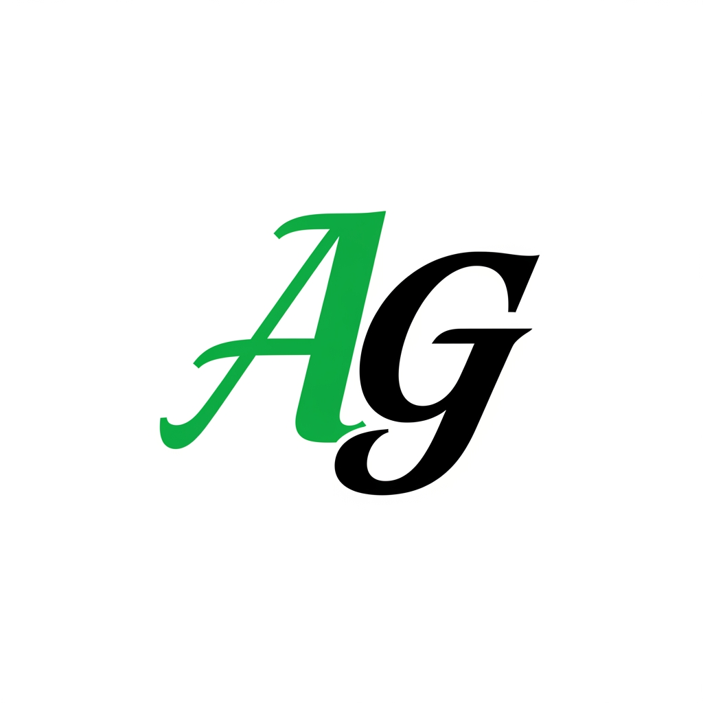 AI Design for create the logo for the app which named as Aapan Gaon, we need to use caliiography or typorgraphic types logo using A G alphabets, so create it using green and black with white bg