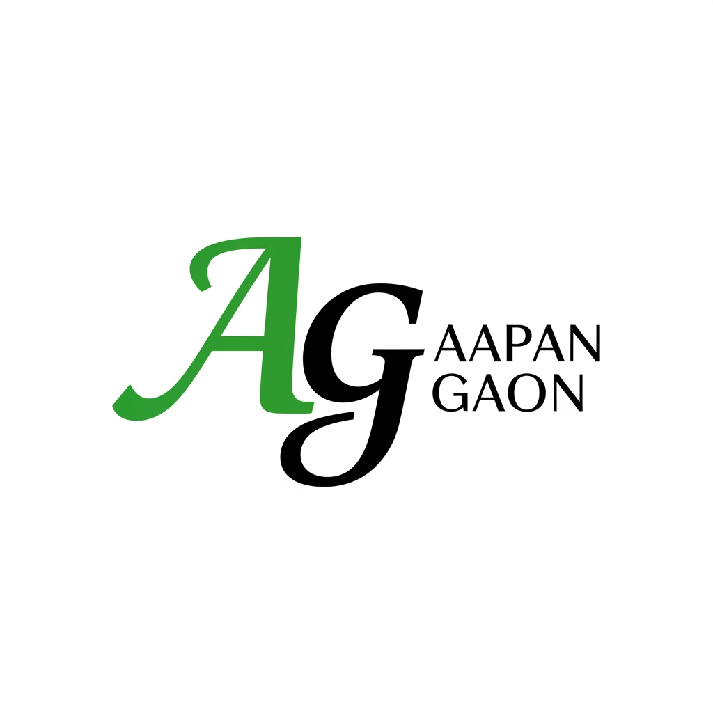 AI Design for create the logo for the app which named as Aapan Gaon, we need to use caliiography or typorgraphic types logo using A G alphabets, so create it using green and black with white bg