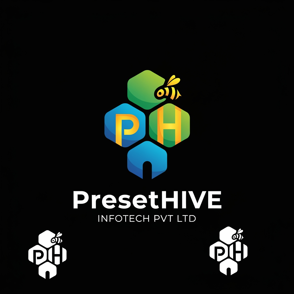 AI Design for the logo should be like the logo representing the company name PresetHive Infotech Pvt Ltd Also provide colored and white logo