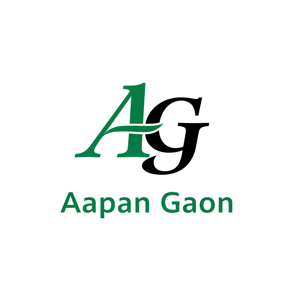 AI Design for create the logo for the app which named as Aapan Gaon, we need to use caliiography or typorgraphic types logo using A G alphabets, so create it using green and black with white bg
