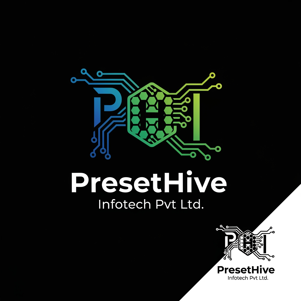 AI Design for the logo should be like the logo representing the company name PresetHive Infotech Pvt Ltd Also provide colored and white logo
