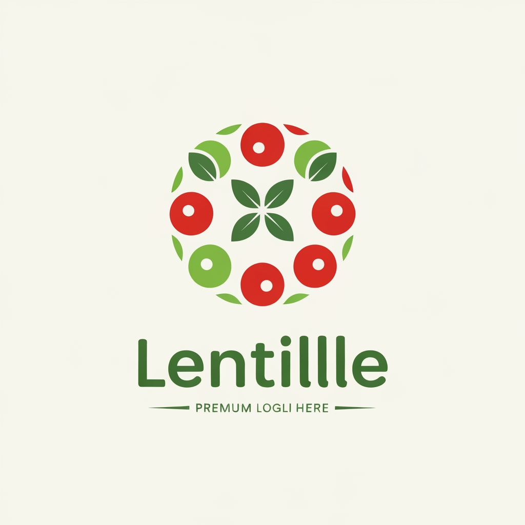 Modern luxury logo design for 'Lentille'. An abstract geometric emblem composed of stylized pulses and lentil shapes arranged in a circular mandala-inspired grid. Fresh leaf green and vermillion red accents. Below the icon, the wordmark 'Lentille' in a custom typeface with soft rounded terminals and subtle Devanagari-style stroke endings. Minimalist, premium, clean vector identity on off-white background.