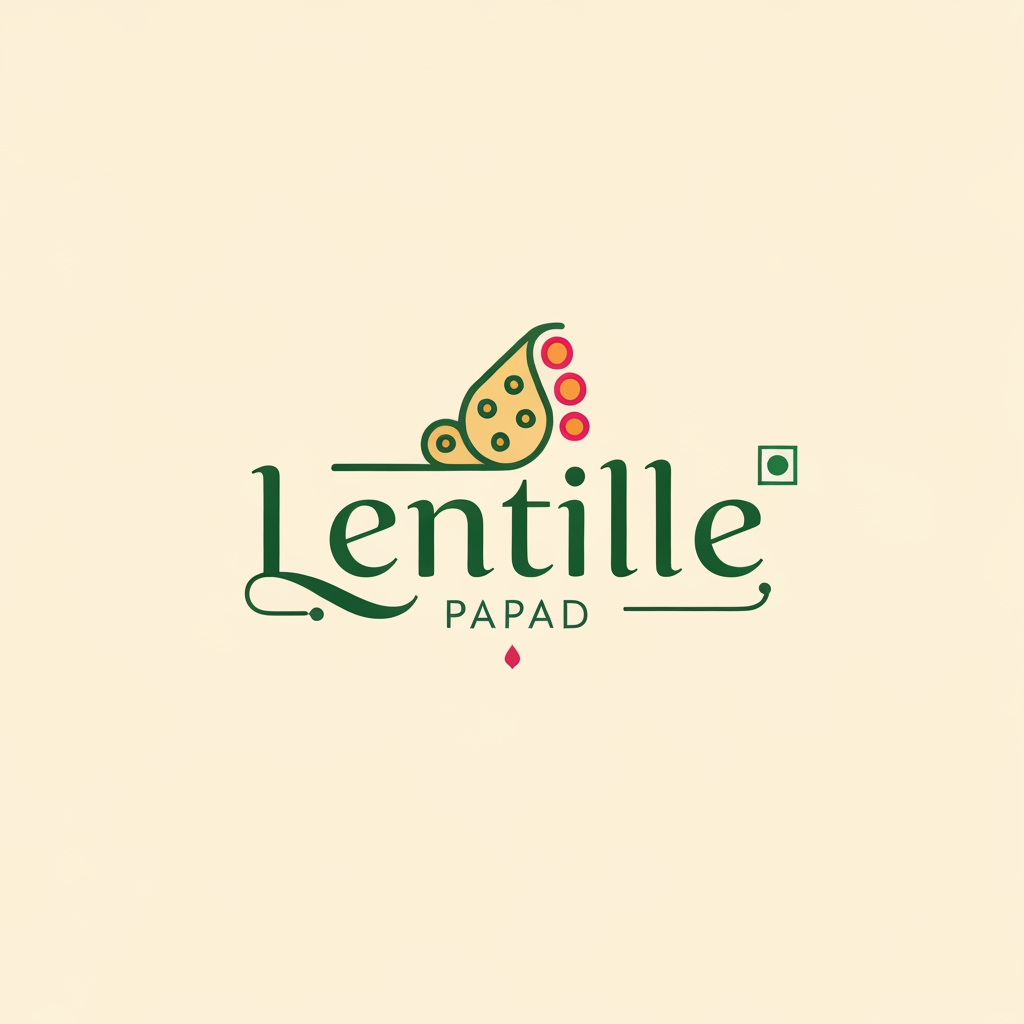 Logo Prompt — Lentille Papad
Design a premium yet playful logo for a papad brand named “Lentille” inspired by modern Indian minimalism and traditional handcrafted aesthetics. The logo should feel iconic, elegant, and globally premium while still deeply rooted in India.
Create a stylized monogram/icon similar to luxury Indian heritage brands — using flowing geometric lines that subtly form:
a papad rolling shape,
lentils/pulses,
inspired by contemporary Indian branding and minimal Devanagari calligraphy.
Typography:
Use a custom wordmark combining English + subtle Devanagari influence.
“Lentille” should have elegant curves inspired by देवनागरी script, with soft rounded terminals and handcrafted rhythm.
Avoid overly traditional fonts; keep it modern, editorial, and export-quality.
Include small Indian typographic cues like matra-inspired line flow or curved Hindi-style stroke endings.
Color Palette:
Bright Indian luxury palette:
vibrant pink,
fresh leaf green,
warm turmeric beige,
optional vermillion red accents.
Flat vector style with clean lines and minimal gradients.
Style:
Minimal vector logo,
Indian luxury branding,
artisanal yet contemporary,
sophisticated packaging aesthetic,
suitable for embossing, packaging, export branding, stamps, and signage.
Mood Keywords:
 Modern India, handcrafted elegance, gourmet papad, feminine geometry, Indian editorial design, premium ethnic minimalism, cultural sophistication, clean vector identity.
Background:
 Soft warm off-white or muted beige.
Avoid:
 Generic food clipart, chef hats, cartoon papads, overly rustic visuals, heavy typography, crowded compositions.
