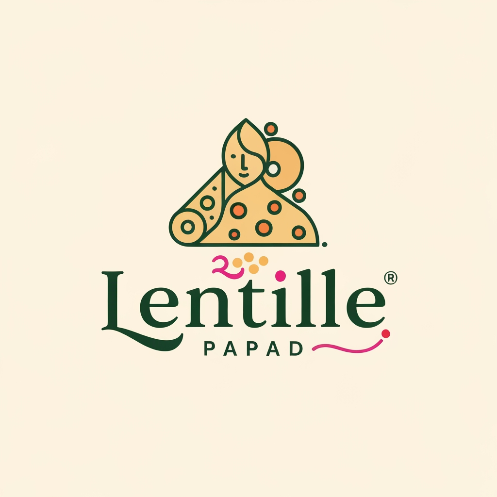 Logo Prompt — Lentille Papad

Design a premium yet playful logo for a papad brand named “Lentille” inspired by modern Indian minimalism and traditional handcrafted aesthetics. The logo should feel iconic, elegant, and globally premium while still deeply rooted in India.

Create a stylized monogram/icon similar to luxury Indian heritage brands — using flowing geometric lines that subtly form:

a papad rolling shape,
lentils/pulses,
and a feminine Indian-inspired abstract figure or artisan silhouette.

The structure should feel like a clever single-line emblem with balanced negative space, inspired by contemporary Indian branding and minimal Devanagari calligraphy.

Typography:

Use a custom wordmark combining English + subtle Devanagari influence.
“Lentille” should have elegant curves inspired by देवनागरी script, with soft rounded terminals and handcrafted rhythm.
Avoid overly traditional fonts; keep it modern, editorial, and export-quality.
Include small Indian typographic cues like matra-inspired line flow or curved Hindi-style stroke endings.

Color Palette:

Bright Indian luxury palette:
vibrant pink,
fresh leaf green,
warm turmeric beige,
optional vermillion red accents.
Flat vector style with clean lines and minimal gradients.

Style:

Minimal vector logo,
Indian luxury branding,
artisanal yet contemporary,
sophisticated packaging aesthetic,
suitable for embossing, packaging, export branding, stamps, and signage.

Mood Keywords:
Modern India, handcrafted elegance, gourmet papad, feminine geometry, Indian editorial design, premium ethnic minimalism, cultural sophistication, clean vector identity.

Background:
Soft warm off-white or muted beige.

Avoid:
Generic food clipart, chef hats, cartoon papads, overly rustic visuals, heavy typography, crowded compositions.