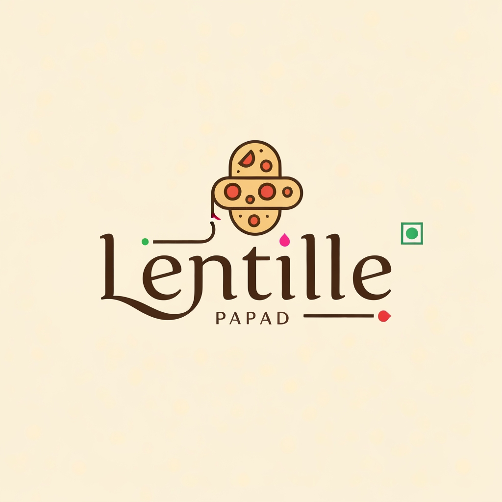 Logo Prompt — Lentille Papad
Design a premium yet playful logo for a papad brand named “Lentille” inspired by modern Indian minimalism and traditional handcrafted aesthetics. The logo should feel iconic, elegant, and globally premium while still deeply rooted in India.
Create a stylized monogram/icon similar to luxury Indian heritage brands — using flowing geometric lines that subtly form:
a papad rolling shape,
lentils/pulses,
inspired by contemporary Indian branding and minimal Devanagari calligraphy.
Typography:
Use a custom wordmark combining English + subtle Devanagari influence.
“Lentille” should have elegant curves inspired by देवनागरी script, with soft rounded terminals and handcrafted rhythm.
Avoid overly traditional fonts; keep it modern, editorial, and export-quality.
Include small Indian typographic cues like matra-inspired line flow or curved Hindi-style stroke endings.
Color Palette:
Bright Indian luxury palette:
vibrant pink,
fresh leaf green,
warm turmeric beige,
optional vermillion red accents.
Flat vector style with clean lines and minimal gradients.
Style:
Minimal vector logo,
Indian luxury branding,
artisanal yet contemporary,
sophisticated packaging aesthetic,
suitable for embossing, packaging, export branding, stamps, and signage.
Mood Keywords:
 Modern India, handcrafted elegance, gourmet papad, feminine geometry, Indian editorial design, premium ethnic minimalism, cultural sophistication, clean vector identity.
Background:
 Soft warm off-white or muted beige.
Avoid:
 Generic food clipart, chef hats, cartoon papads, overly rustic visuals, heavy typography, crowded compositions.