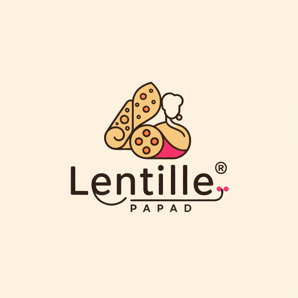 generate a logo wiLogo Prompt — Lentille Papad

Design a premium yet playful logo for a papad brand named “Lentille” inspired by modern Indian minimalism and traditional handcrafted aesthetics. The logo should feel iconic, elegant, and globally premium while still deeply rooted in India.

Create a stylized monogram/icon similar to luxury Indian heritage brands — using flowing geometric lines that subtly form:

a papad rolling shape,
lentils/pulses,
and a feminine Indian-inspired abstract figure or artisan silhouette.

The structure should feel like a clever single-line emblem with balanced negative space, inspired by contemporary Indian branding and minimal Devanagari calligraphy.

Typography:

Use a custom wordmark combining English + subtle Devanagari influence.
“Lentille” should have elegant curves inspired by देवनागरी script, with soft rounded terminals and handcrafted rhythm.
Avoid overly traditional fonts; keep it modern, editorial, and export-quality.
Include small Indian typographic cues like matra-inspired line flow or curved Hindi-style stroke endings.

Color Palette:

Bright Indian luxury palette:
vibrant pink,
fresh leaf green,
warm turmeric beige,
optional vermillion red accents.
Flat vector style with clean lines and minimal gradients.

Style:

Minimal vector logo,
Indian luxury branding,
artisanal yet contemporary,
sophisticated packaging aesthetic,
suitable for embossing, packaging, export branding, stamps, and signage.

Mood Keywords:
Modern India, handcrafted elegance, gourmet papad, feminine geometry, Indian editorial design, premium ethnic minimalism, cultural sophistication, clean vector identity.

Background:
Soft warm off-white or muted beige.

Avoid:
Generic food clipart, chef hats, cartoon papads, overly rustic visuals, heavy typography, crowded compositions.t