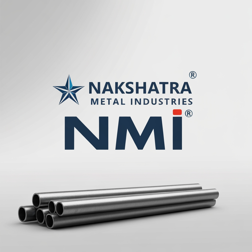 AI Design for generate a logo with an NMI icon called Nakshatra metal industries a brand that sells authetic creftified Stainless Steel Pipes, Tubes, Rods,