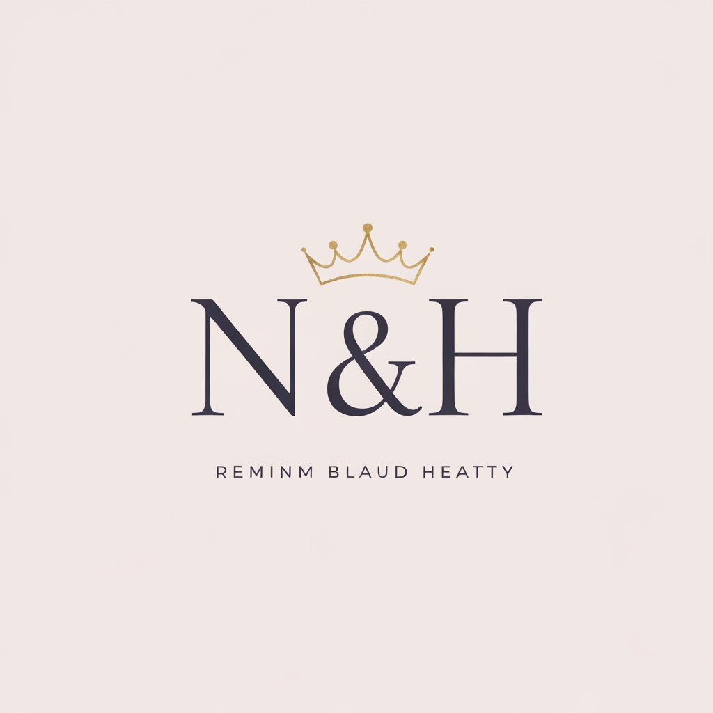 Create a minimal and elegant logo for “N & H” using luxurious serif typography. Add a feminine crown above the text, subtle and graceful, symbolizing beauty and elegance. Use a soft lavender and cream palette with gold highlights for a premium feminine luxury feel. The logo should be clean, minimal, soft, classy, and modern. High-end feminine brand identity, elegant monogram logo, luxury beauty style, timeless and graceful.