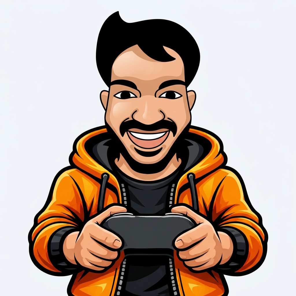 A clean vector mascot character of a smiling man with a mustache, matching a flat cartoon avatar style, bold black outlines, smooth shading. The character is wearing an open orange hoodie with black inner shirt, modern gaming style. He is holding a game controller with both hands . The controller is minimal. . The hoodie has soft shading and highlights similar to the face style. Symmetrical composition, centered, logo design style, high contrast orange and black color theme, clean background, esports mascot style, modern and professional.
need this body proportions but newly generated 2nd picture