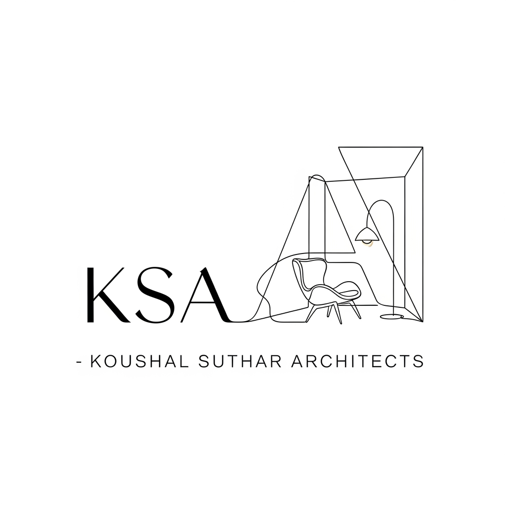 AI Design for Design a luxury minimalist logo for "KSA – Koushal Suthar Architects". Use elegant thin-line typography with a sophisticated monogram. The letter A should subtly transform into an architectural interior space containing a modern chair, pendant light, or floor lamp drawn with a single continuous line. Focus on luxury architecture and interior design rather than construction. High-end branding aesthetic, Swiss minimalism, premium residential architecture studio, black and champagne gold color palette, generous whitespace, refined proportions, clean vector artwork, timeless and sophisticated, suitable for boutique architecture and interior design practice. Avoid blueprint lines, construction elements, engineering details, scaffolding, roofs, tools, and builder-style graphics.
