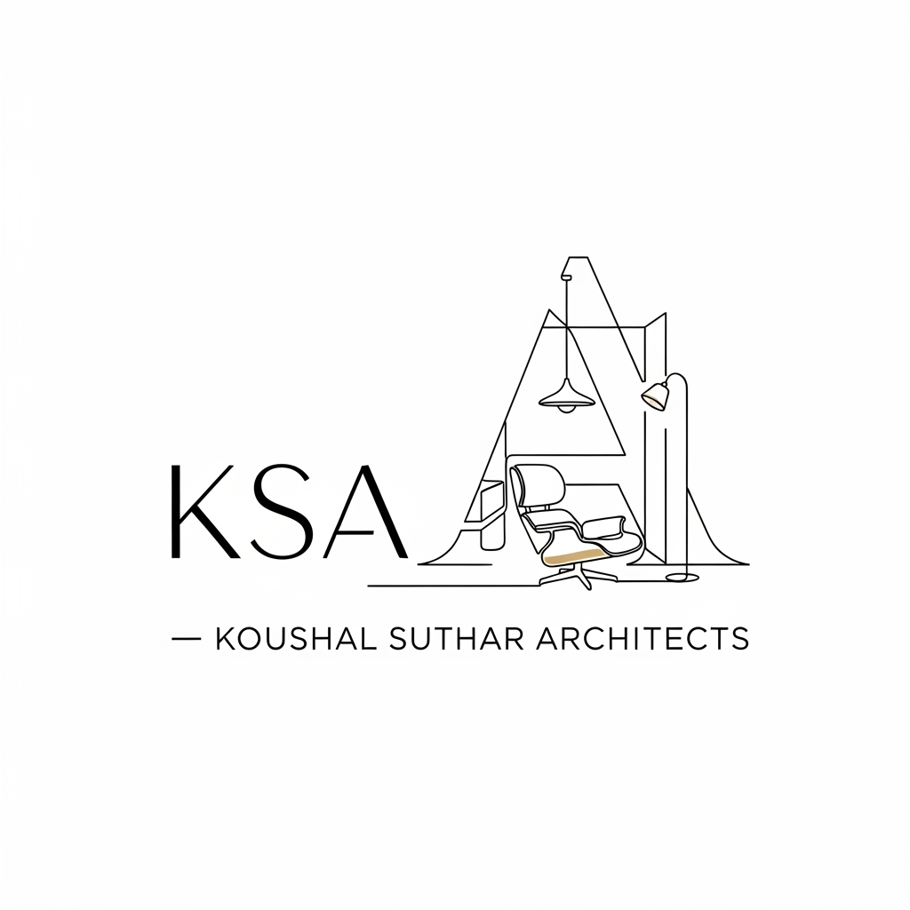 AI Design for Design a luxury minimalist logo for "KSA – Koushal Suthar Architects". Use elegant thin-line typography with a sophisticated monogram. The letter A should subtly transform into an architectural interior space containing a modern chair, pendant light, or floor lamp drawn with a single continuous line. Focus on luxury architecture and interior design rather than construction. High-end branding aesthetic, Swiss minimalism, premium residential architecture studio, black and champagne gold color palette, generous whitespace, refined proportions, clean vector artwork, timeless and sophisticated, suitable for boutique architecture and interior design practice. Avoid blueprint lines, construction elements, engineering details, scaffolding, roofs, tools, and builder-style graphics.