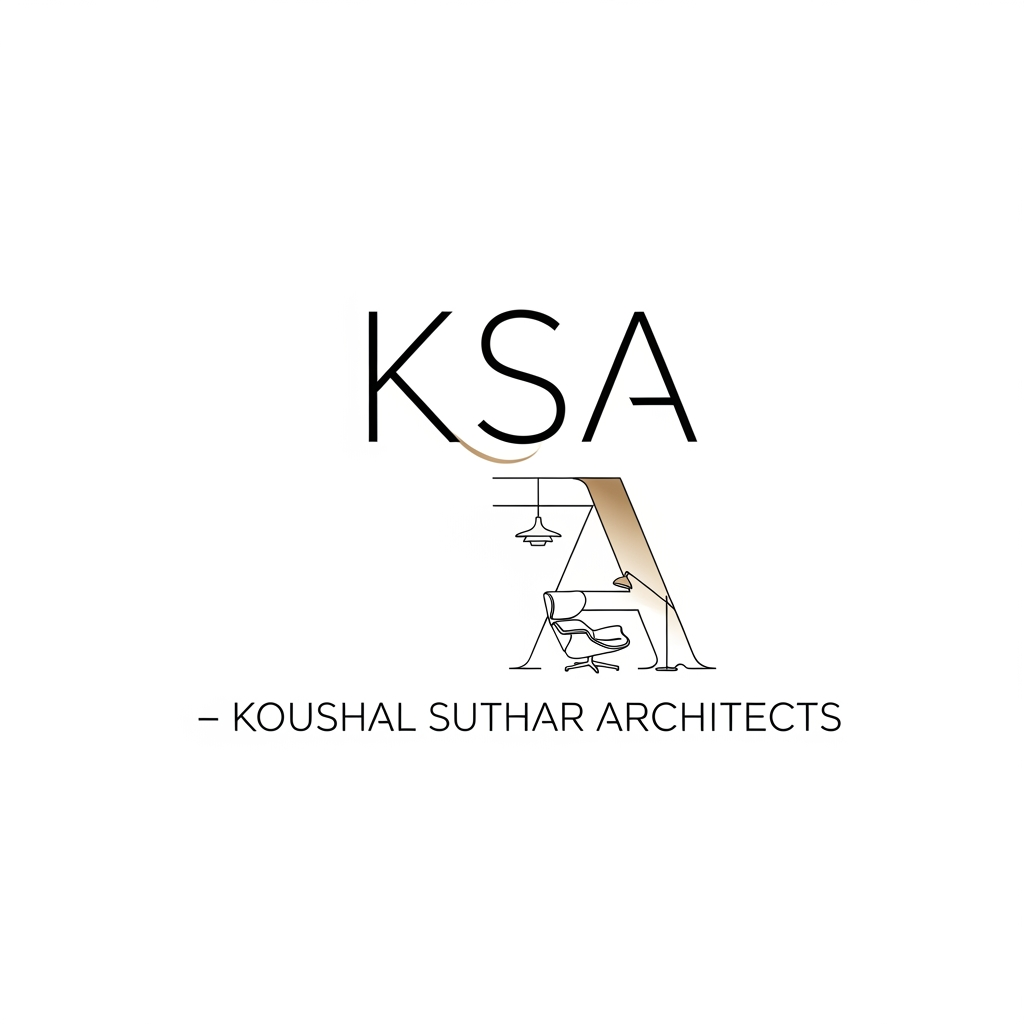 AI Design for Design a luxury minimalist logo for "KSA – Koushal Suthar Architects". Use elegant thin-line typography with a sophisticated monogram. The letter A should subtly transform into an architectural interior space containing a modern chair, pendant light, or floor lamp drawn with a single continuous line. Focus on luxury architecture and interior design rather than construction. High-end branding aesthetic, Swiss minimalism, premium residential architecture studio, black and champagne gold color palette, generous whitespace, refined proportions, clean vector artwork, timeless and sophisticated, suitable for boutique architecture and interior design practice. Avoid blueprint lines, construction elements, engineering details, scaffolding, roofs, tools, and builder-style graphics.