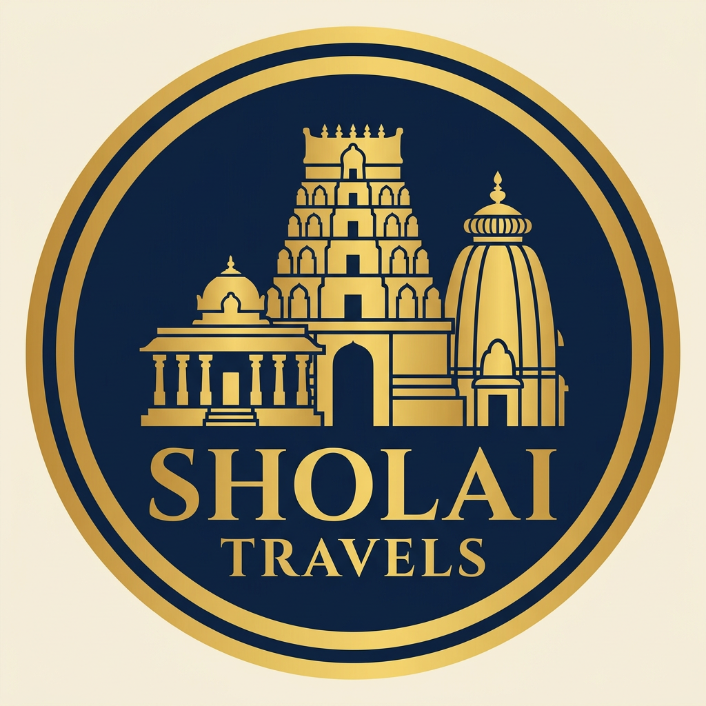 AI Design for Design a bold, premium and timeless circular logo for an Indian temple-tourism travel company named “SHOLAI TRAVELS”.

The brand specializes in temple tourism across India, targeting primarily 40+ mass-market Indian travelers, so the identity should feel trustworthy, prestigious, culturally rooted, traditional and royal, rather than youthful or overly luxurious.

Create a clean circular emblem with a strong royal golden circular border. Inside the circle, create a simplified, elegant silhouette/illustration of 2–3 iconic Indian temple architectural forms, arranged in layers to suggest the richness and diversity of Indian temple tourism. Use recognizable Indian temple elements such as a South Indian gopuram, a central temple sanctum/shikhara and a traditional temple structure, but keep them stylized and simplified rather than photorealistic.

The temples should visually rise upward behind the typography, creating a sense of journey, heritage and spiritual exploration. Avoid using detailed photographic temple images.

Color palette:

Royal Gold / Antique Gold — primary
Deep Navy Blue — secondary
Warm Ivory Stone — background/accent
Use gold strategically for the temple architecture and circular frame, with navy providing strong contrast.

Place “SHOLAI” prominently in bold, elegant uppercase lettering, with “TRAVELS” smaller beneath it. Typography should feel strong, traditional and highly legible, suitable for a 40+ audience and mass-market travel business.

The entire composition must remain compact and balanced inside a perfect circle, designed to work beautifully on travel pamphlets, social media videos, profile pictures, vehicle branding and printed materials.

Style: bold, royal Indian heritage, minimal, emblematic, sophisticated, culturally authentic, clean vector logo, strong silhouette, flat colors, subtle architectural detailing, professional Indian travel brand identity.

Avoid: gradients, excessive ornamentation, photorealistic temples, crowded scenery, mountains, airplanes, suitcases, generic travel icons, excessive religious symbolism, 3D effects, shadows, overly thin lines, clip-art appearance, and complicated details.

White/ivory background, centered composition, symmetrical circular badge, professional vector logo, high-end branding presentation.